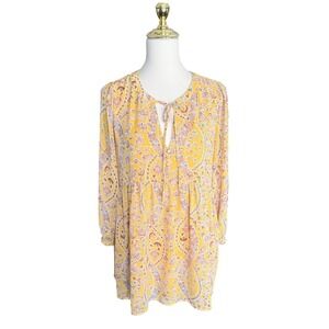 MELLODAY Yellow Paisley Floral Babydoll Tunic Dress Long Sleeve Tie Neck Size M